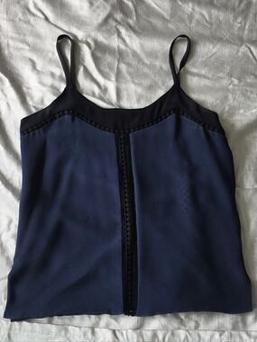 MARNA RO 100% Silk Navy and Black Spaghetti-Strap Cami with Braid Trim
